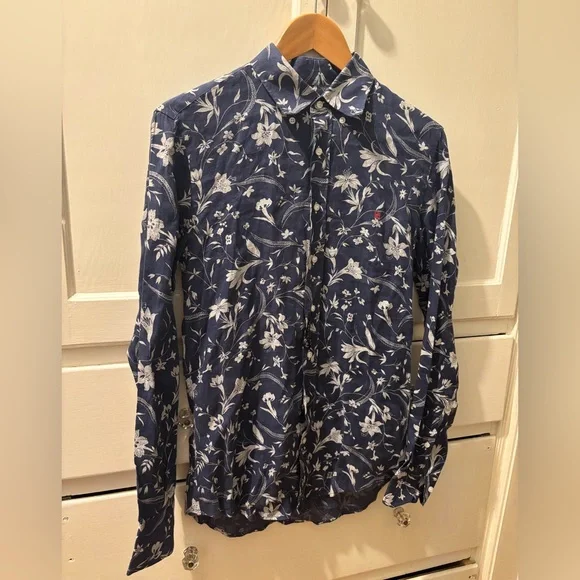 Carolina Herrera Men's Linen Blue Floral Print Button Down Shirt - Size 15 - Picture 1 of 11